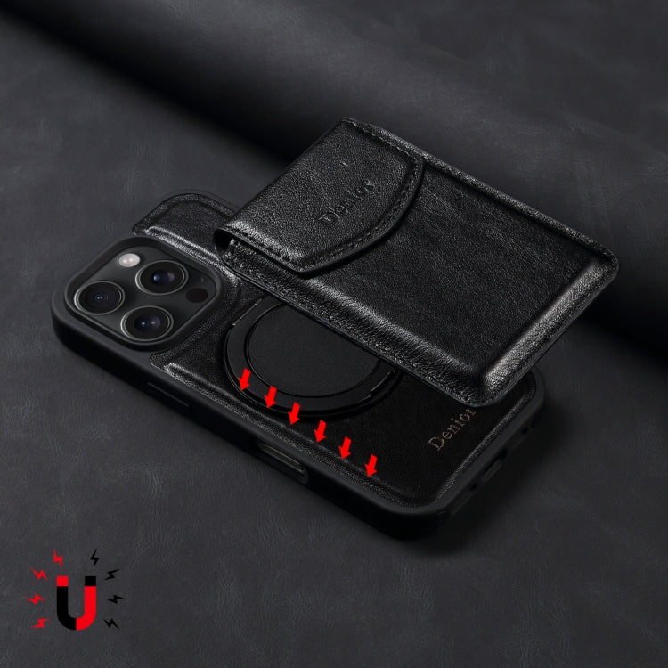 For iPhone 16 Pro Denior D22 Genuine Leather MagSafe Holder Detachable Card Slot Phone Case(Black)