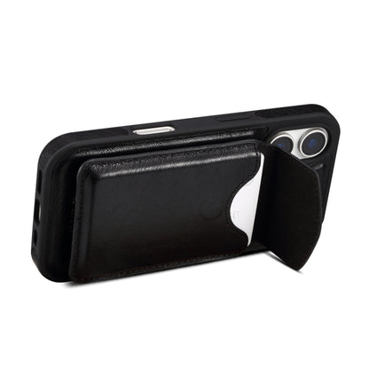 For iPhone 16 Plus Denior D22 Genuine Leather MagSafe Holder Detachable Card Slot Phone Case(Black)