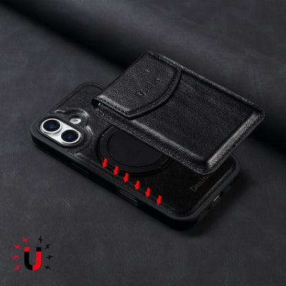 For iPhone 16 Plus Denior D22 Genuine Leather MagSafe Holder Detachable Card Slot Phone Case(Black)