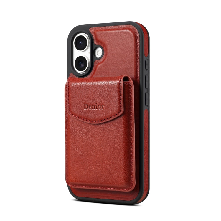 For iPhone 16 Denior D22 Genuine Leather MagSafe Holder Detachable Card Slot Phone Case(Brown)