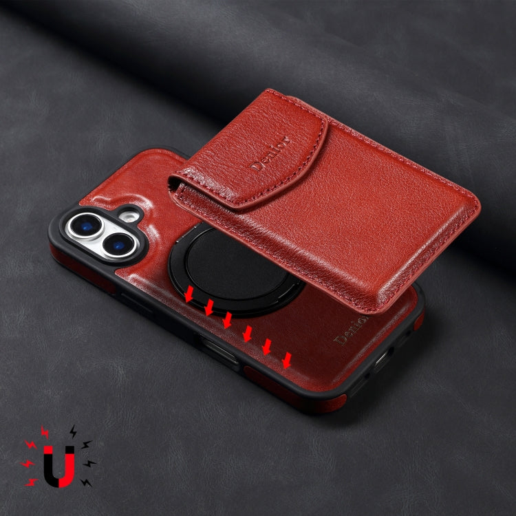For iPhone 16 Denior D22 Genuine Leather MagSafe Holder Detachable Card Slot Phone Case(Brown)
