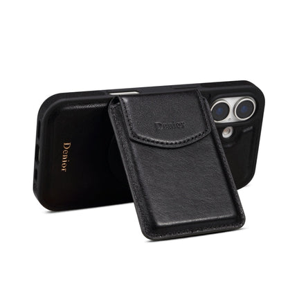 For iPhone 16 Denior D22 Genuine Leather MagSafe Holder Detachable Card Slot Phone Case(Black)