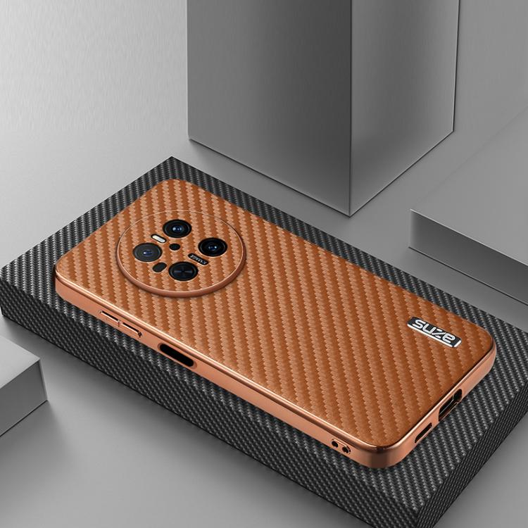 For Huawei Mate 70 AZNS Electroplated Edge Carbon Fiber Texture Phone Case(Brown)