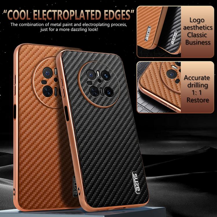 For Huawei Mate 70 AZNS Electroplated Edge Carbon Fiber Texture Phone Case(Brown)