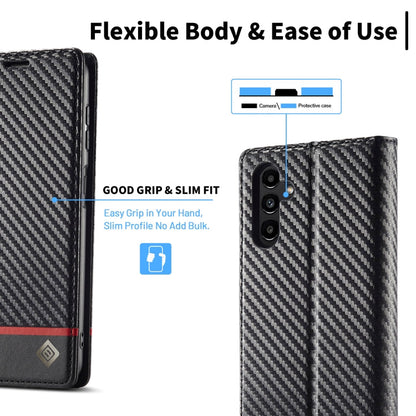 Pour Samsung Galaxy A16 5G LC.IMEEKE Étui de téléphone en cuir fibre de carbone (Noir Horizontal)