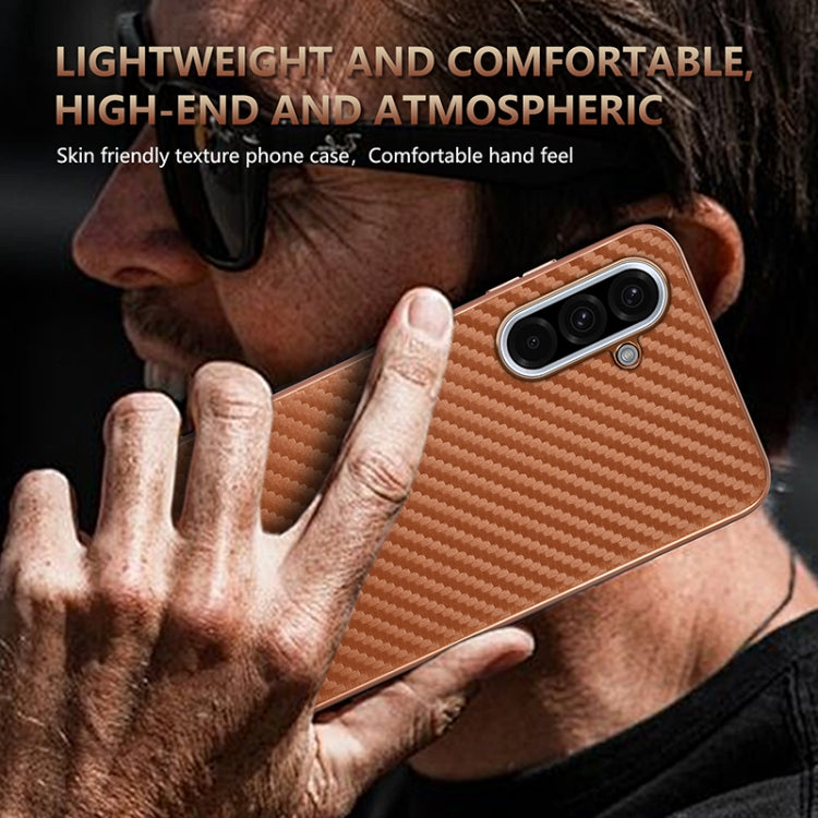 For Samsung Galaxy A36 AZNS Electroplated Edge Carbon Fiber Texture Phone Case(Brown)