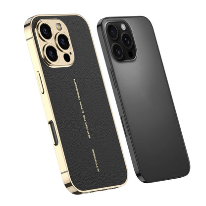 Pour iPhone 16 Pro, étui de téléphone antichoc en cuir uni plaqué GKK (noir)