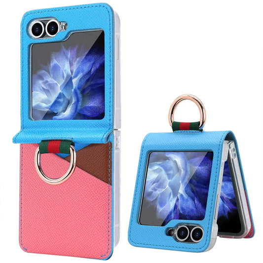 Pour Samsung Galaxy Z Flip6 / Flip7 FE Étui de téléphone en PU avec anneau métallique et fente pour carte VIETAO (Bleu Rose)