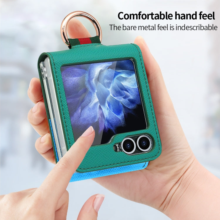 For Samsung Galaxy Z Flip6 / Flip7 FE VIETAO Metal Ring Card Slot PU Phone Case(Green Blue)