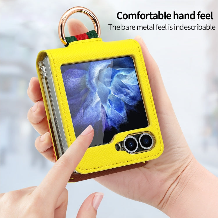 For Samsung Galaxy Z Flip6 / Flip7 FE VIETAO Metal Ring Card Slot PU Phone Case(Yellow Brown)