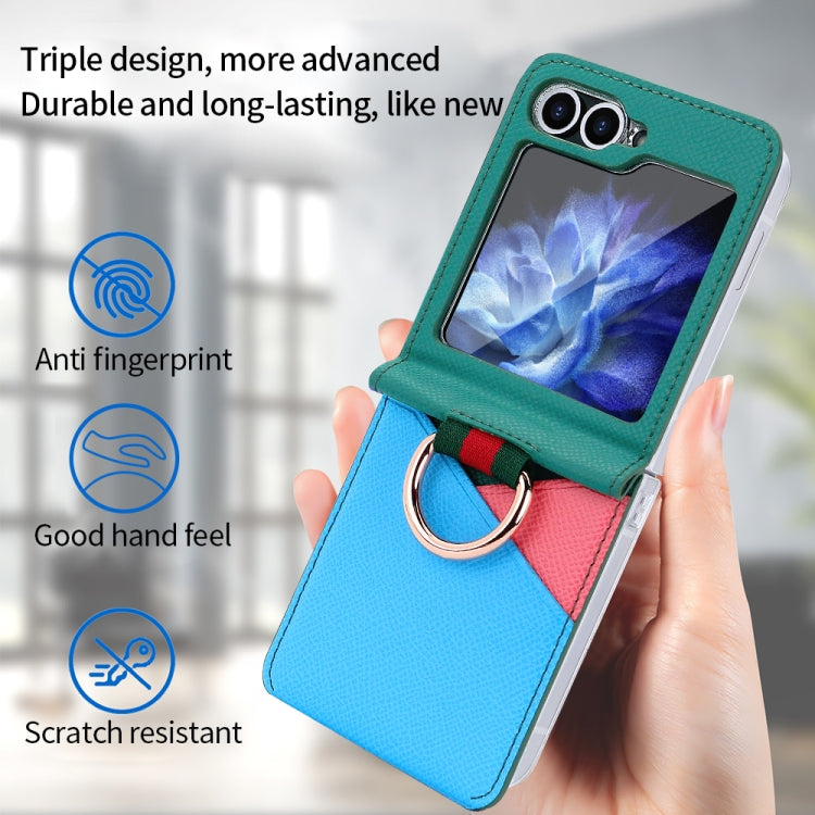 For Samsung Galaxy Z Flip5 VIETAO Metal Ring Card Slot PU Phone Case(Green Blue)