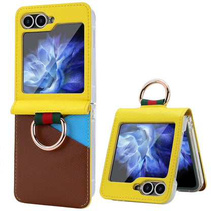 Pour Samsung Galaxy Z Flip5 VIETAO Étui de téléphone en PU avec fente pour carte à anneau métallique (Jaune Marron)