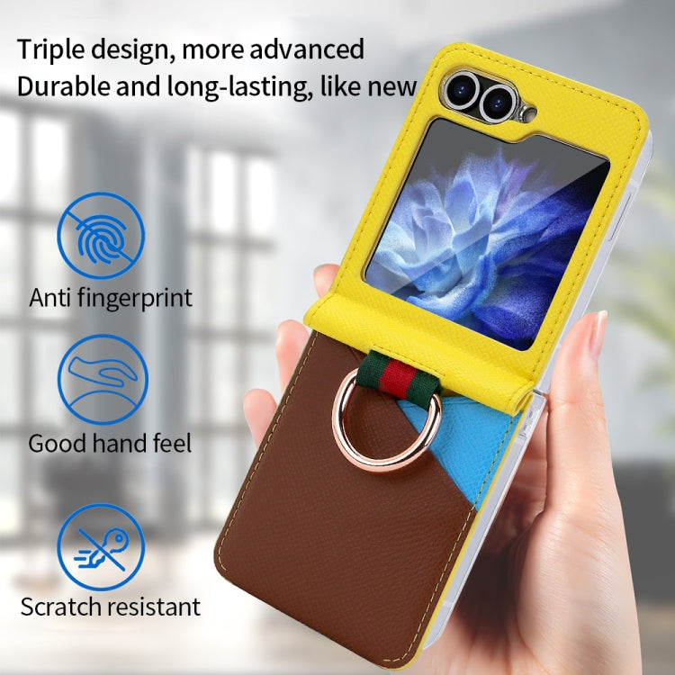 Pour Samsung Galaxy Z Flip5 VIETAO Étui de téléphone en PU avec fente pour carte à anneau métallique (Jaune Marron)