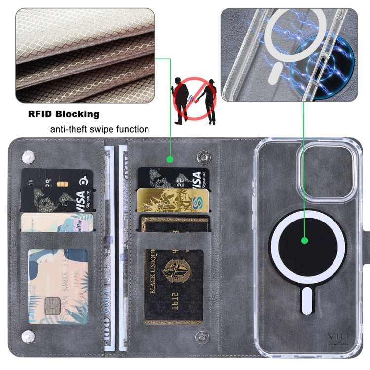For iPhone 15 ViLi GVS-C Series MagSafe Magnetic RFID Leather Flip Phone Case(Grey)