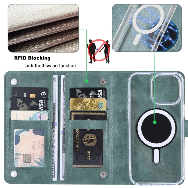 For iPhone 15 ViLi GVS-C Series MagSafe Magnetic RFID Leather Flip Phone Case(Green)