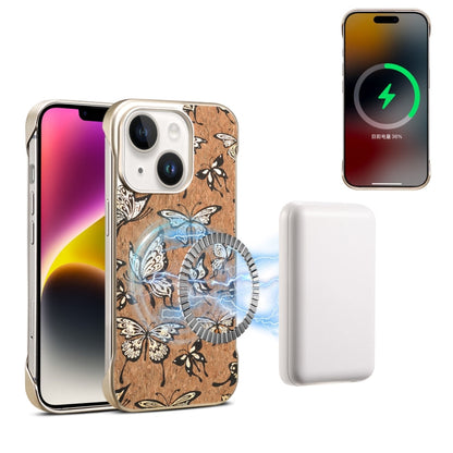 Pour iPhone 15 Plus / 14 Plus Denior A18 Coque de Téléphone MagSafe Effet Bois Peint (Papillons)