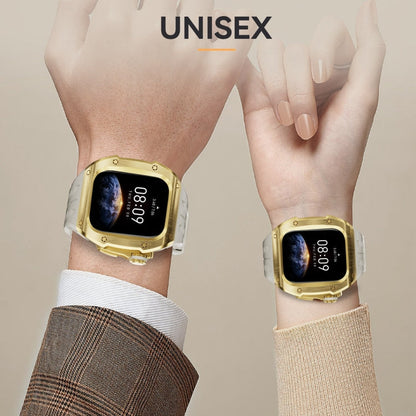 For Apple Watch Series 11 / 10 46mm RedPepper Armor Metal Case Integrated Silicone Watch Band(Gold White)