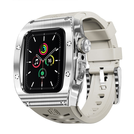 For Apple Watch 44mm / 45mm RedPepper Armor Metal Case Integrated Silicone Watch Band(Sliver White)