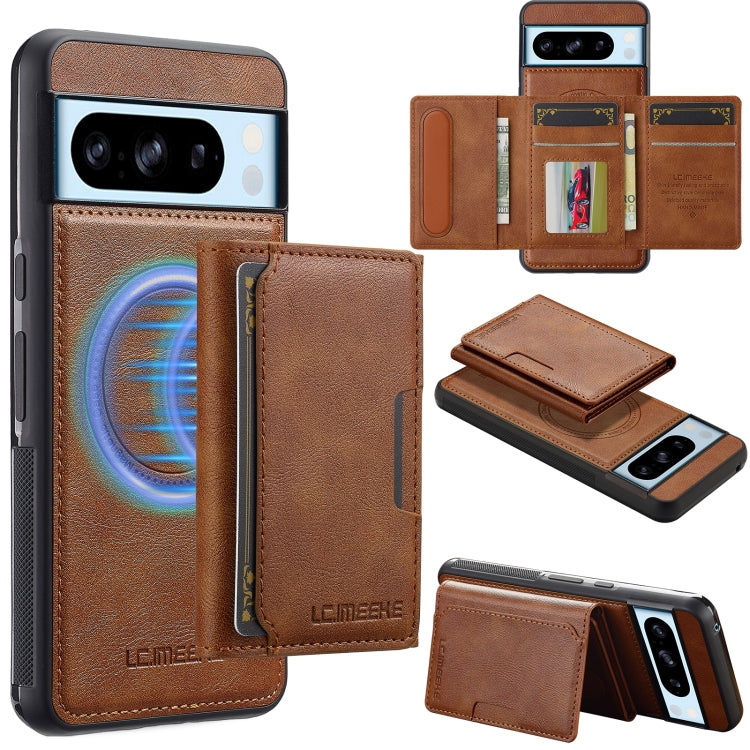 Pour Google Pixel 8 Pro LC.IMEEKE Série L5 Étui Téléphone Magsafe Détachable avec Pochette RFID pour Cartes (Marron)
