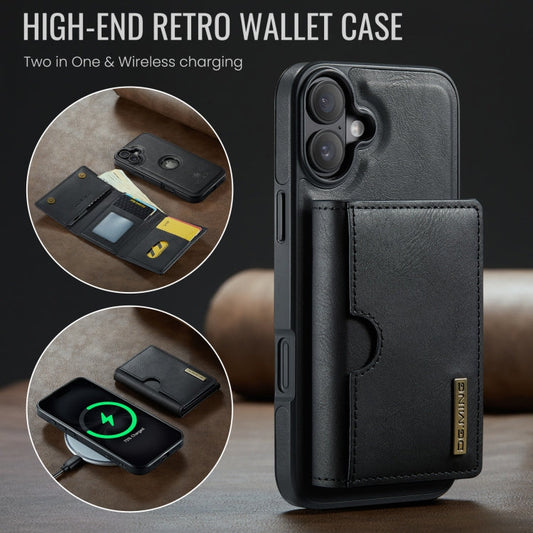 For iPhone 16 DG.MING M6 Series RFID Tri-fold Card Bag Removable Leather Phone Case(Black)