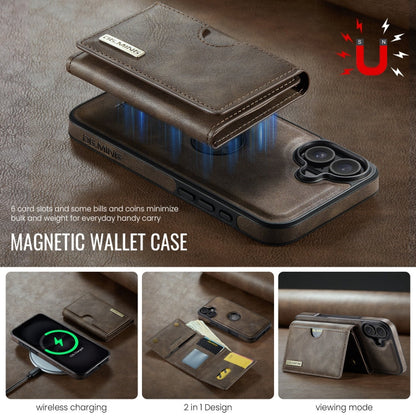 For iPhone 16 DG.MING M6 Series RFID Tri-fold Card Bag Removable Leather Phone Case(Coffee)