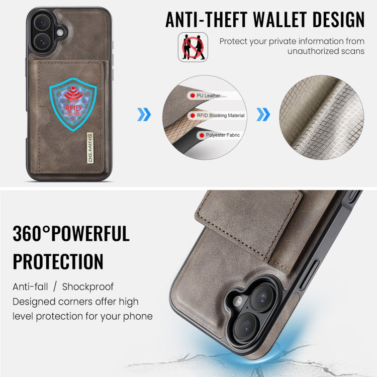 For iPhone 16 DG.MING M6 Series RFID Tri-fold Card Bag Removable Leather Phone Case(Coffee)
