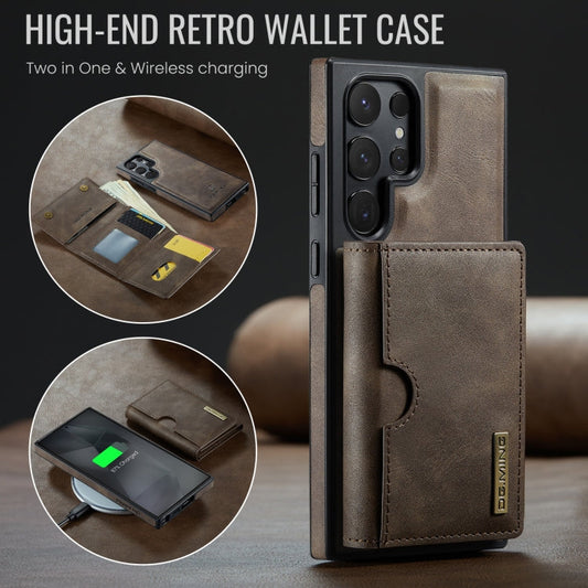 For Samsung Galaxy S24 Ultra 5G DG.MING M6 Series RFID Tri-fold Card Bag Removable Leather Phone Case(Coffee)