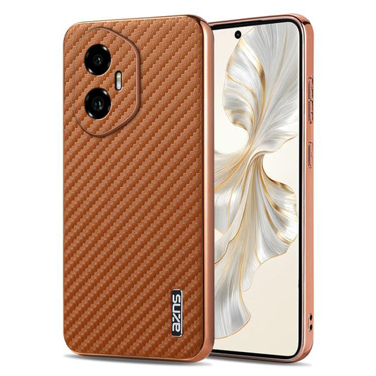 For Honor 300 AZNS Electroplated Edge Carbon Fiber Texture Phone Case(Brown)