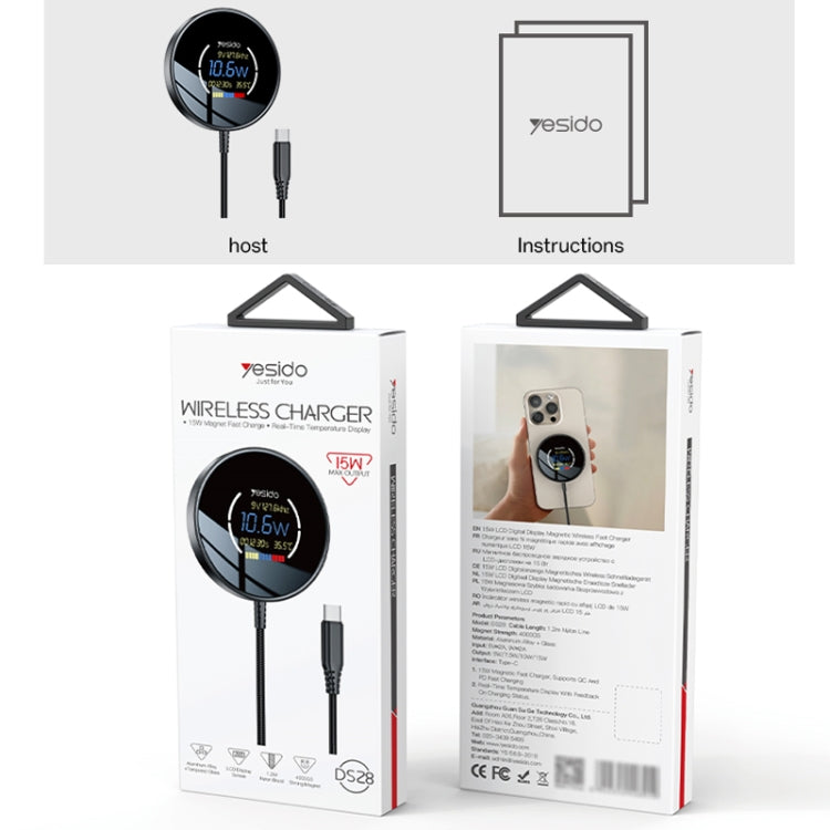 Chargeur sans fil magnétique Yesido DS28 15W avec affichage numérique intelligent, longueur : 1,2 m (noir)