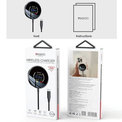 Chargeur sans fil magnétique Yesido DS28 15W avec affichage numérique intelligent, longueur : 1,2 m (noir)