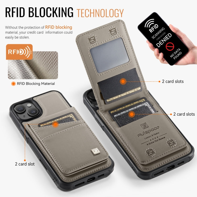 For iPhone 15 AutSpace A12 MagSafe Magnetic RFID Card Bag Phone Case(Khaki)