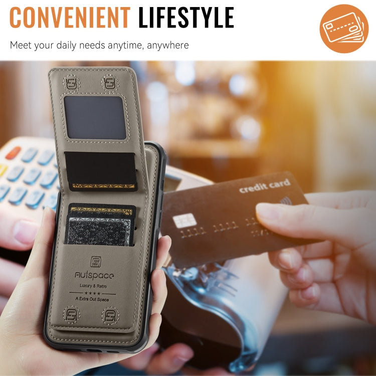 For iPhone 15 AutSpace A12 MagSafe Magnetic RFID Card Bag Phone Case(Khaki)