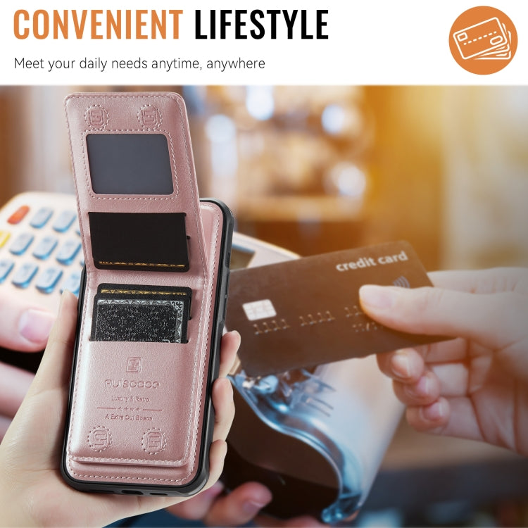 For iPhone 14 Plus AutSpace A12 MagSafe Magnetic RFID Card Bag Phone Case(Rose Gold)