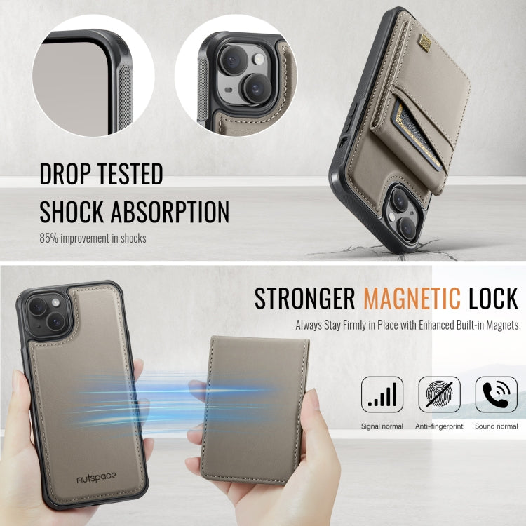 For iPhone 14 Plus AutSpace A12 MagSafe Magnetic RFID Card Bag Phone Case(Khaki)