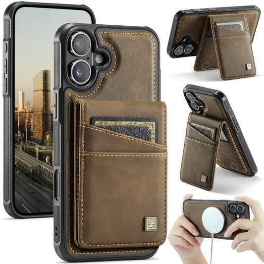For iPhone 16 AutSpace A12 MagSafe Magnetic RFID Card Bag Phone Case(Coffee)