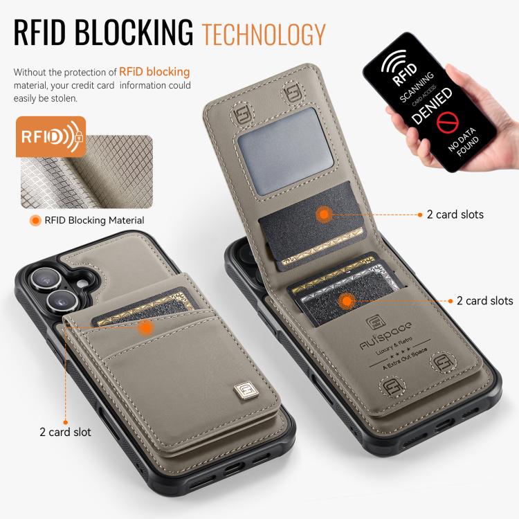 For iPhone 16 AutSpace A12 MagSafe Magnetic RFID Card Bag Phone Case(Khaki)