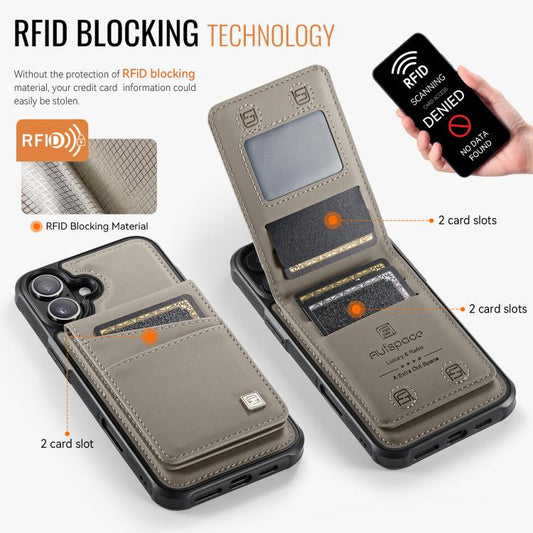 For iPhone 16 AutSpace A12 MagSafe Magnetic RFID Card Bag Phone Case(Khaki)