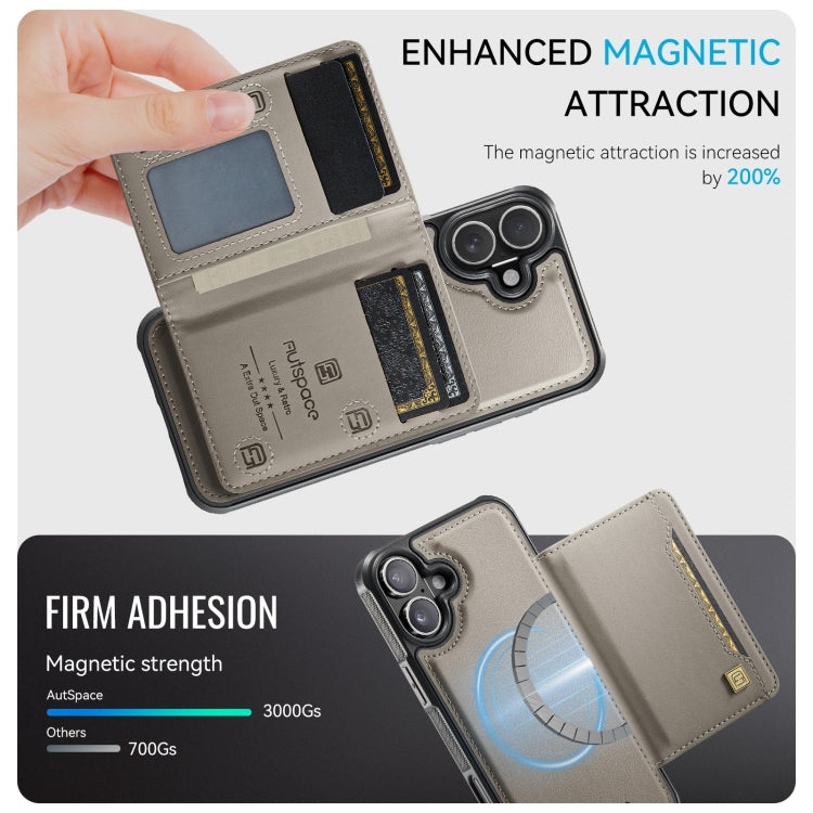 For iPhone 16 Plus AutSpace A13 MagSafe Magnetic RFID Flip Card Bag Phone Case(Grey)