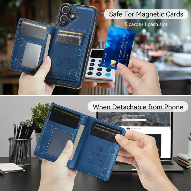 For iPhone 16 AutSpace A13 MagSafe Magnetic RFID Flip Card Bag Phone Case(Blue)
