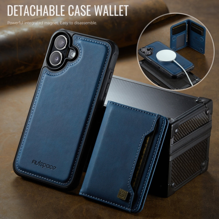 For iPhone 16 AutSpace A13 MagSafe Magnetic RFID Flip Card Bag Phone Case(Blue)