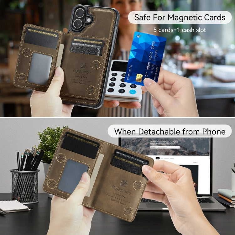 For iPhone 16 AutSpace A13 MagSafe Magnetic RFID Flip Card Bag Phone Case(Coffee)