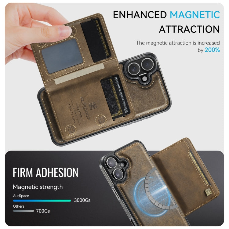 For iPhone 16 AutSpace A13 MagSafe Magnetic RFID Flip Card Bag Phone Case(Coffee)