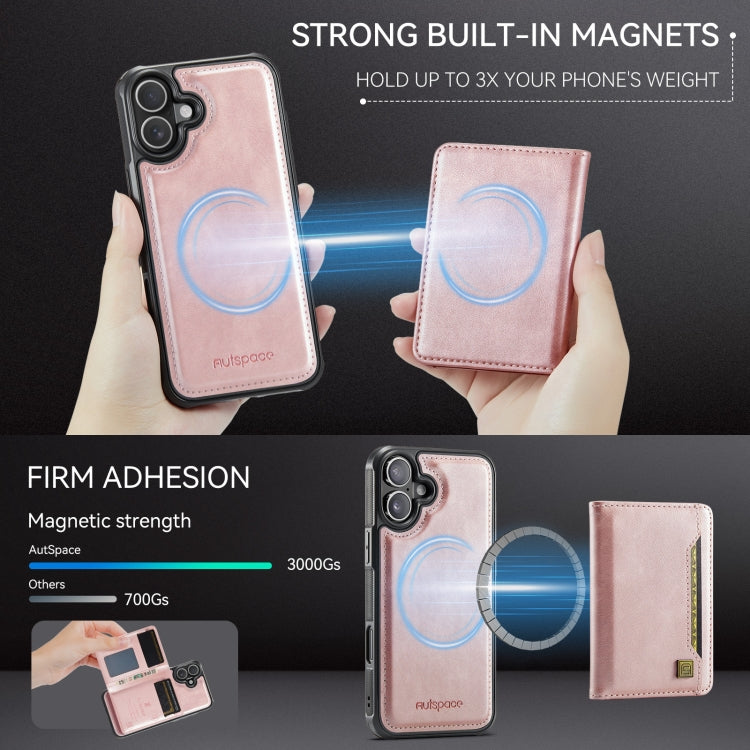 For iPhone 16 AutSpace A13 MagSafe Magnetic RFID Flip Card Bag Phone Case(Rose Gold)