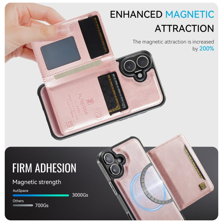 For iPhone 16 AutSpace A13 MagSafe Magnetic RFID Flip Card Bag Phone Case(Rose Gold)