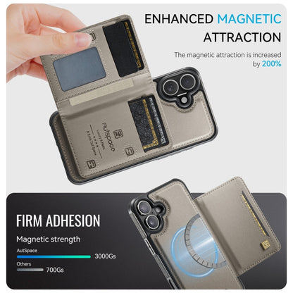 For iPhone 16 AutSpace A13 MagSafe Magnetic RFID Flip Card Bag Phone Case(Grey)