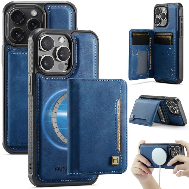 For iPhone 15 Pro Max AutSpace A13 MagSafe Magnetic RFID Flip Card Bag Phone Case(Blue)