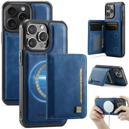 For iPhone 15 Pro Max AutSpace A13 MagSafe Magnetic RFID Flip Card Bag Phone Case(Blue)