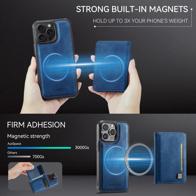 For iPhone 15 Pro Max AutSpace A13 MagSafe Magnetic RFID Flip Card Bag Phone Case(Blue)