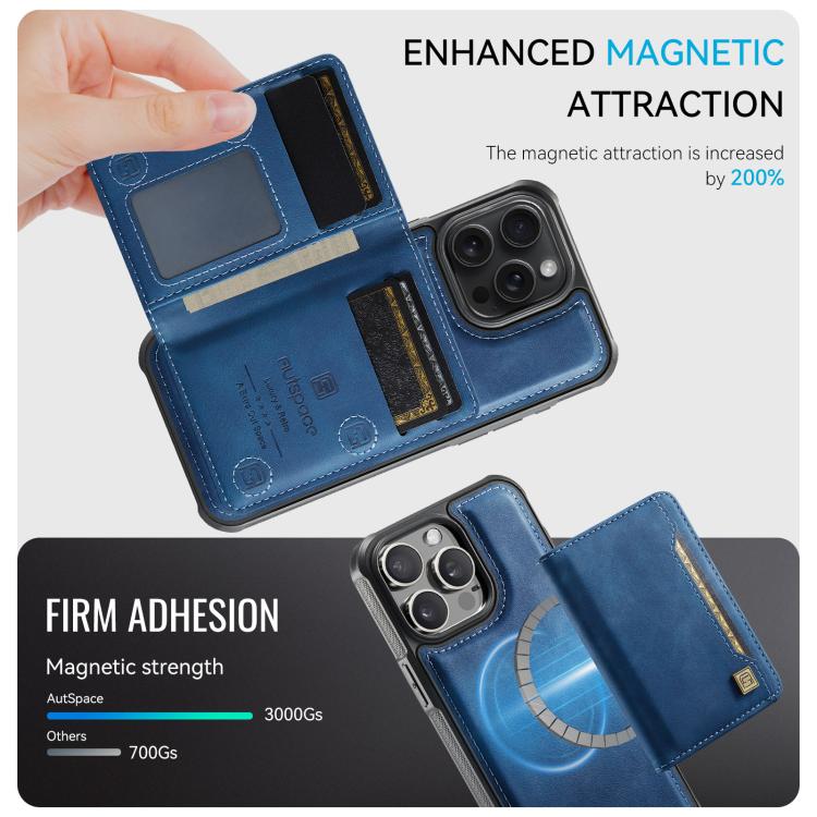 For iPhone 15 Pro Max AutSpace A13 MagSafe Magnetic RFID Flip Card Bag Phone Case(Blue)