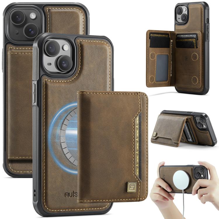For iPhone 15 Plus AutSpace A13 MagSafe Magnetic RFID Flip Card Bag Phone Case(Coffee)